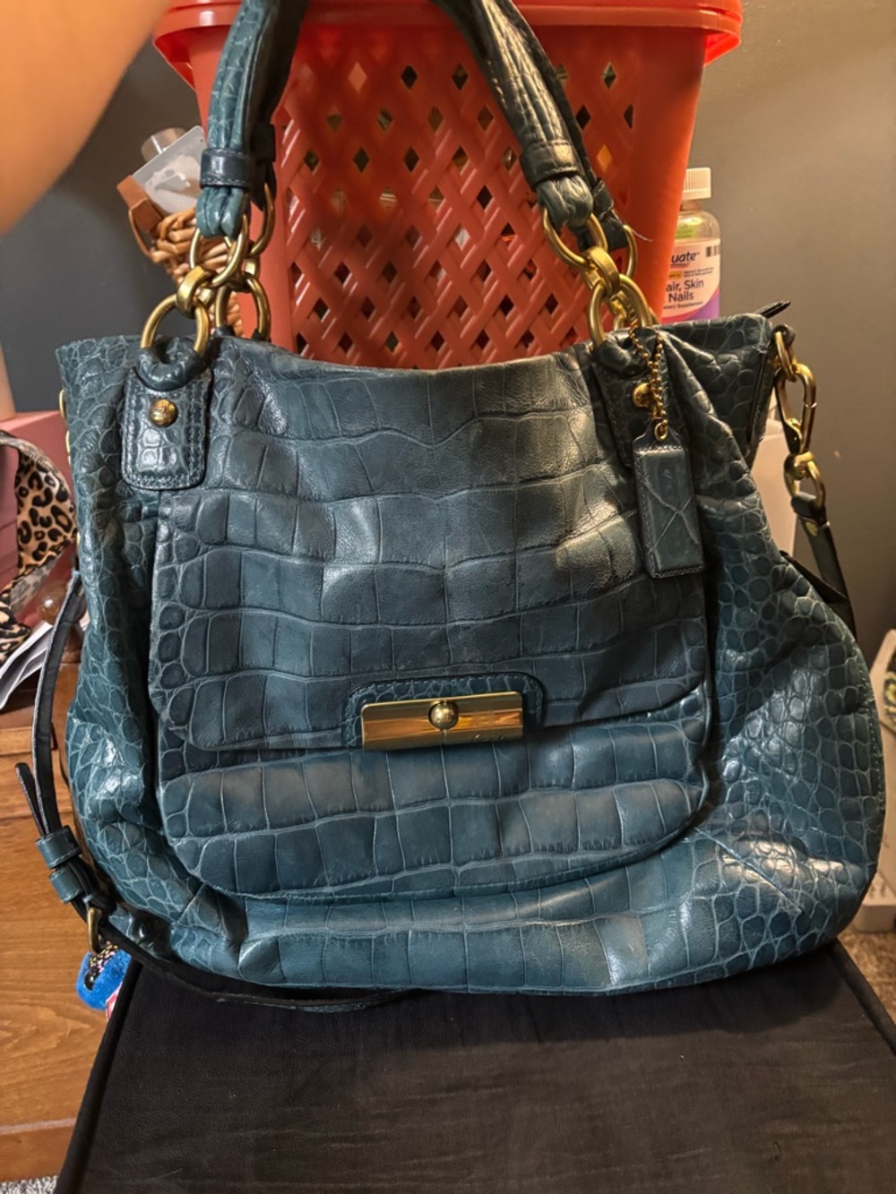 Teal Croc-Embossed Leather Tote Bag with Gold Hardware
